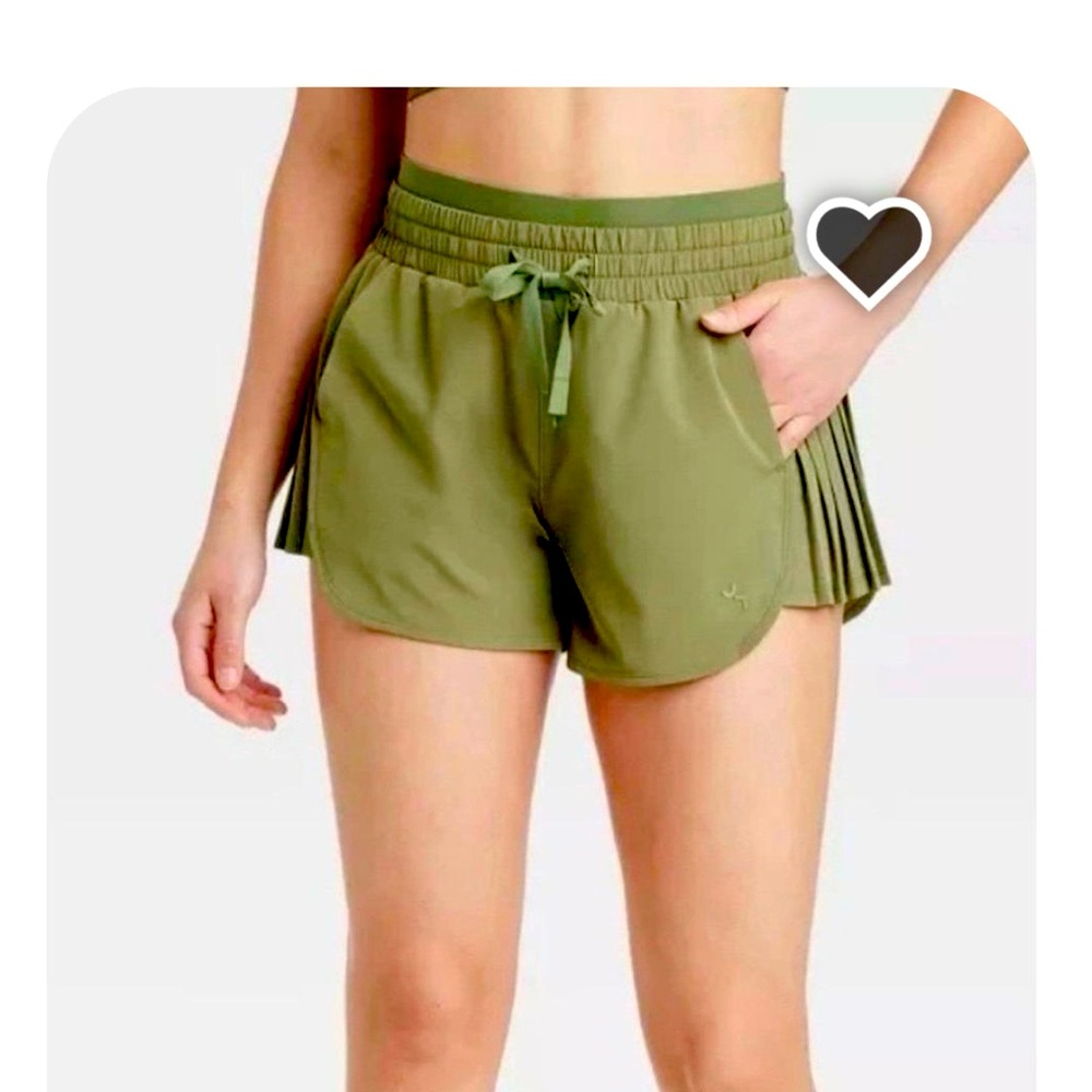 JoyLab High Rise Pleated Running Tennis Shorts Olive Green, Size Large